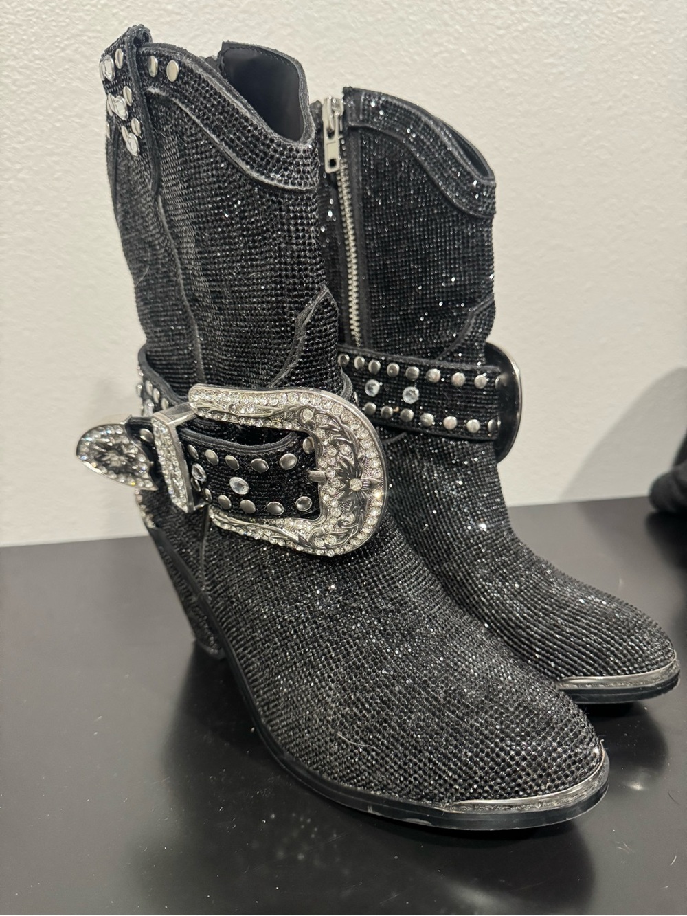 Dolls Kill Black Glitter Western Ankle Boots with Studded Buckle - Picture 6 of 10